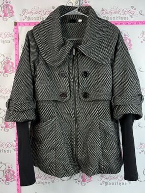 Oxmo jacket coat Textured Black & White Tweed Peacoat with Zip and Button Front